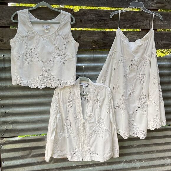 VTG 80s Cotton Prairie Cottage Battenburg Lace Skirt Set Medium Shabby Chic - Picture 5 of 11